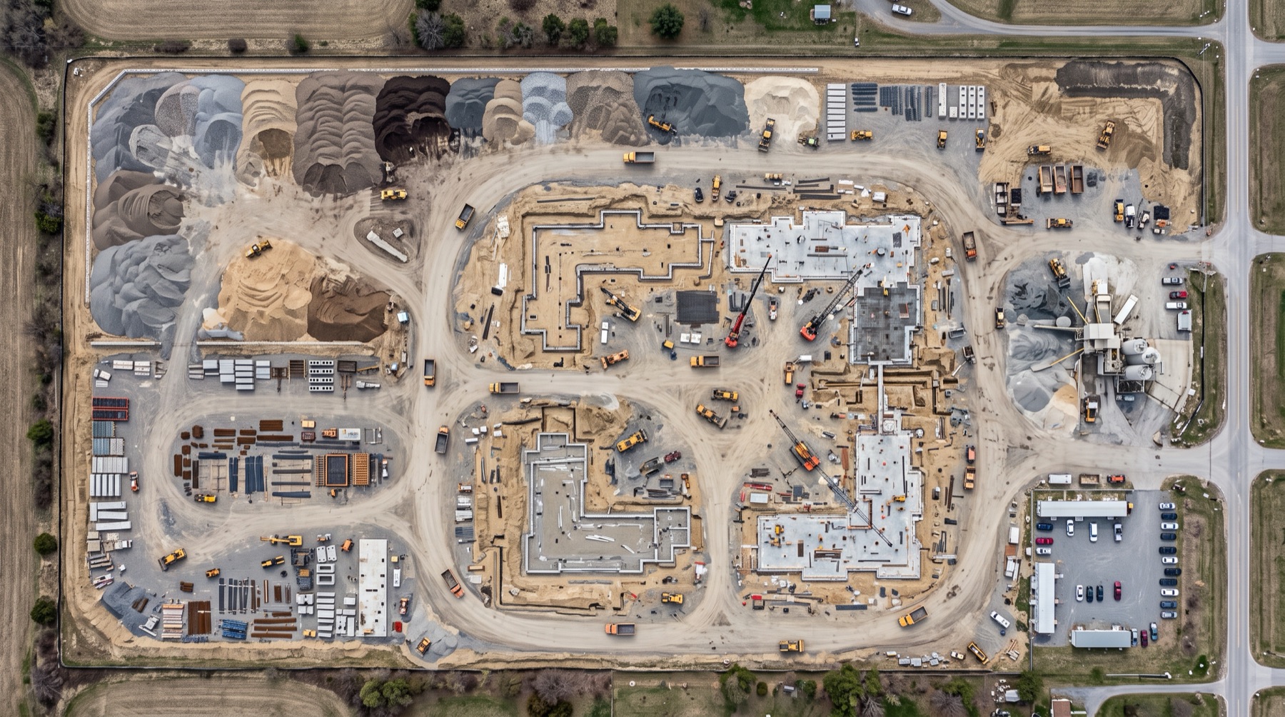 High-resolution top-down orthomosaic map of a construction site